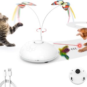 Potaroma Electric Running Cat Laser Toys Interactive, Fluttering Butterfly, 4in1 Automatic Rechargeable Kitten Toy, Colored Feather, Indoor Exercise Cat Kicker, White