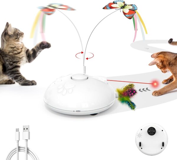 Potaroma Electric Running Cat Laser Toys Interactive, Fluttering Butterfly, 4in1 Automatic Rechargeable Kitten Toy, Colored Feather, Indoor Exercise Cat Kicker, White