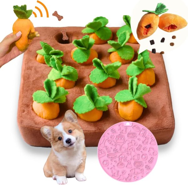 Dog Enrichment Puzzle, Interactive Squeaky Carrot Farm Snuffle Mat for Mental Stimulation and Puppy Brain Training, Small, Medium and Large Dogs (Upgraded Carrots with Treat Pockets)