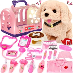 24 Pcs Dog Toys Doctor Kit for Kids, Walking and Barking Electronic Interactive stuffed Puppy Toy with Pretend Playset for Toddlers, Pet Care Veterinarian Toy Set, Girl Role Play Gift for 3-6 Year Old