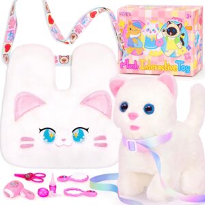 Interactive Cat Toys for Kids with Crossbody Bags, Stuffed Cat Plush with Leash Walking Meow Pretend Play Kitty Robot Pet Toy, Electronic Realistic Cute Stuff for Girls Plushies Toddler Toys