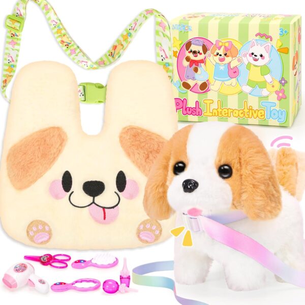 Plush Dog Toys for Kids with Crossbody Bags, Puppy Toys Robot Dog with Leash Walking Barking Tail Wagging, Pretend Play Pet Care Cute Stuff Electronic Interactive Toddler Toys Birthday Gifts