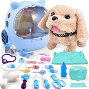 25-Piece Kids Dog Toy Doctor Kit, Interactive Plush Walking Bark Vet Pretend Play Set with Pet Care Backpack - Ideal Gift for 3-7-Year-Old Girls and Boys