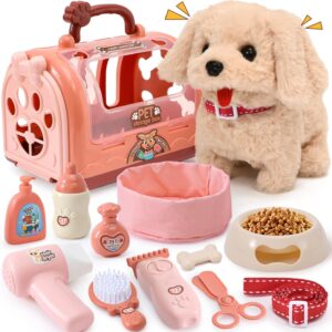 Golray Dog Toys for Kids Girls, Electronic Interactive Walking Barking Dog with 12 Pcs Carrier & Accessories Toddler Girl Toy Dog Puppy Pet Care Pretend Play Set, Birthday Gift for Little Girl 3 4 5 6