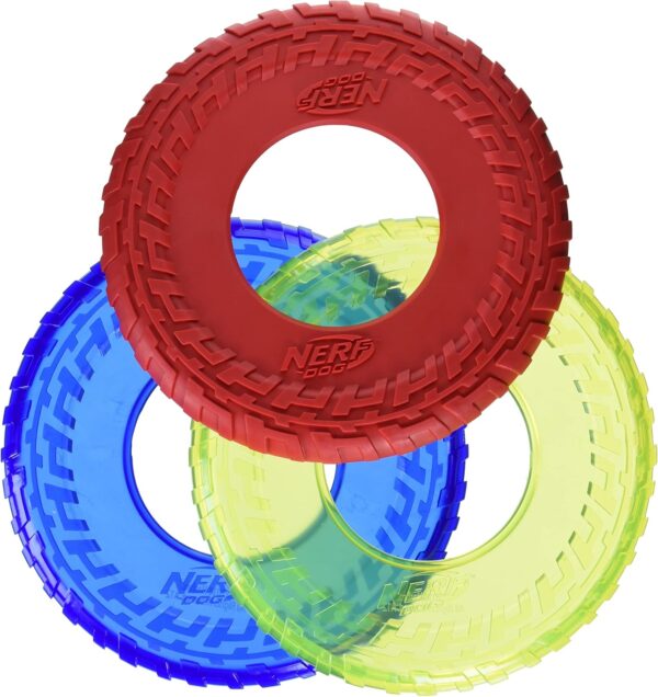 Nerf Dog Rubber Tire Flyer Dog Toy, Flying Disc, Lightweight, Durable, Floats in Water, Great for Beach and Pool, 10 Inch Diameter, 3 Pack, Red and Translucent Green and Translucent Blue