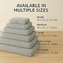 Five gray pet beds in sizes S to XXL with labeled dimensions and weights in inches and pounds.