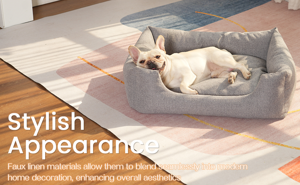 The pet bed is made of faux linen with non-slip bottom,support  head of pet while sleeping
