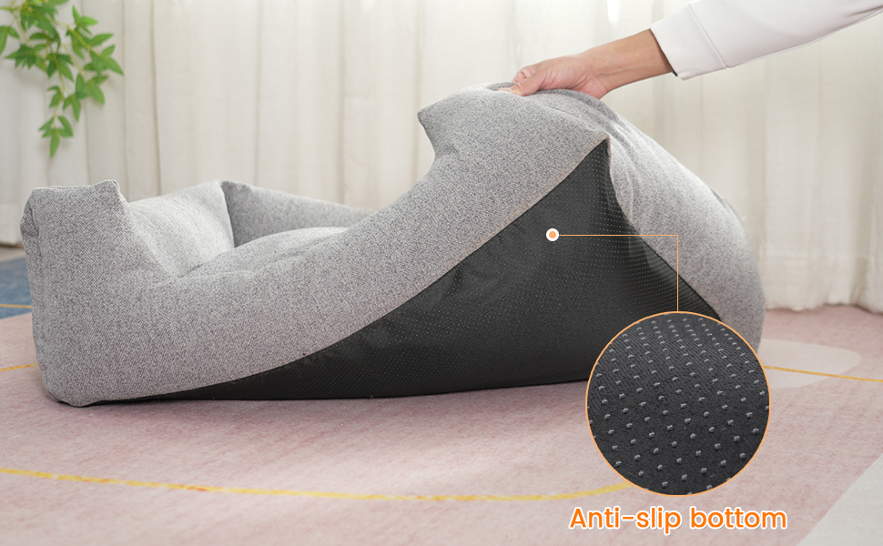 The pet bed is made of faux linen with non-slip bottom,support  head of pet while sleeping