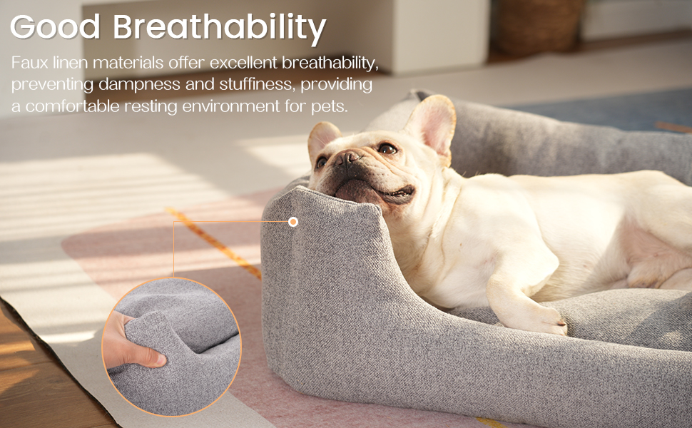 The pet bed is made of faux linen with non-slip bottom,support  head of pet while sleeping