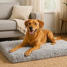 Golden retriever resting on a plush dog bed in a sunlit, modern living room.
